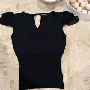 Bebe Black Knit Blouse with Mesh Sleeves